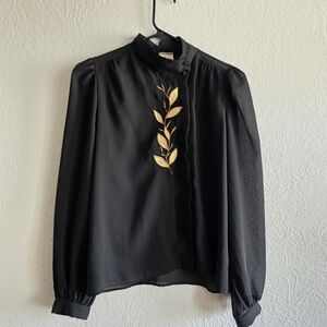 Elegant Black Blouse with Gold Leaf Embroidery